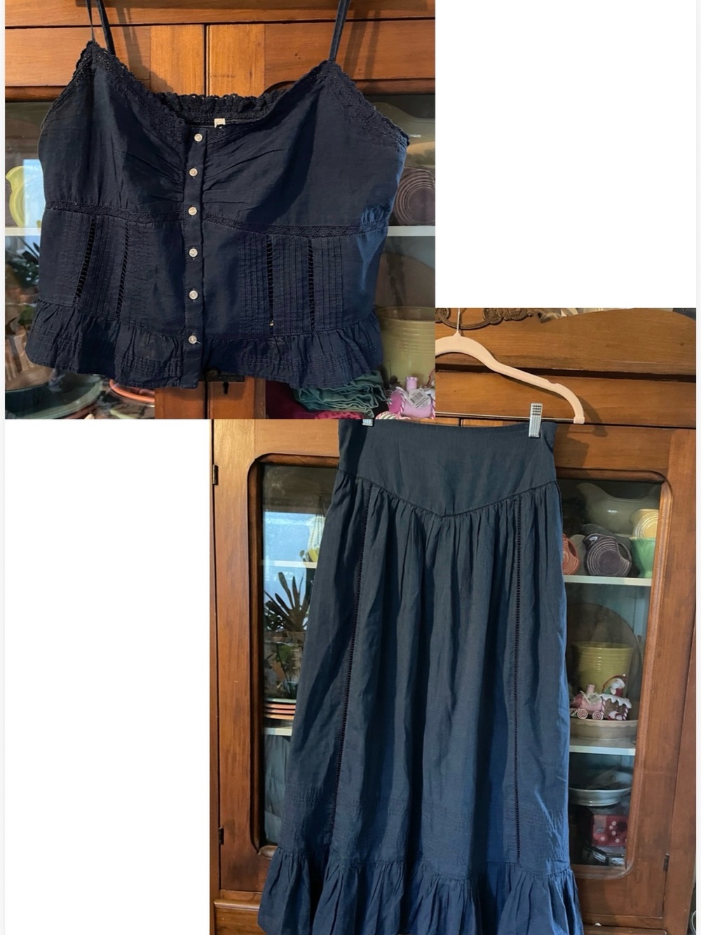 Women’s Navy Blue Cotton Two Piece Set. Midi Skirt and Matching Top